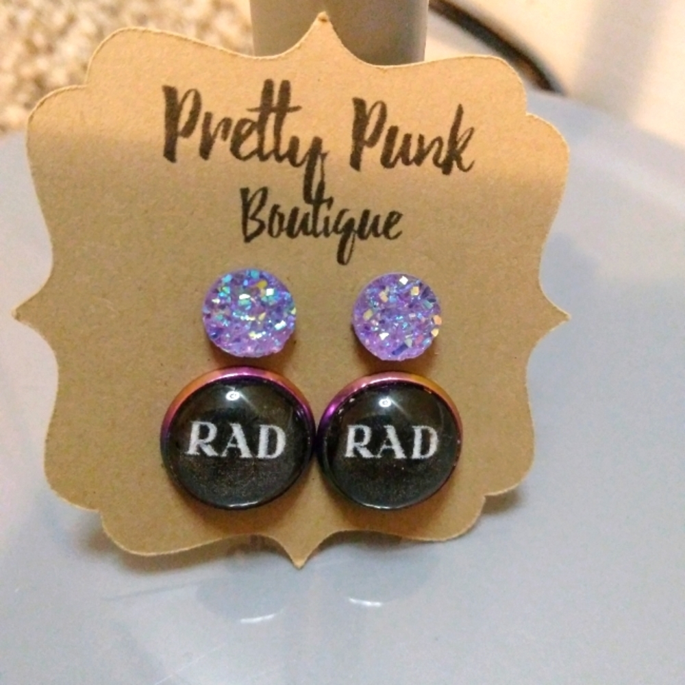 12mm Earrings, RAD on Rainbow Bezels & 8mm Lavender Druzy Studs,  Hypoallergenic